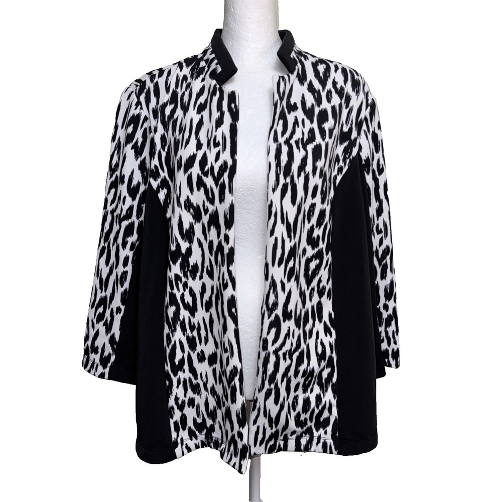 CHICO'S Size 3‎ XL Animal Print Jacket Black White Open Front Mob Wife Career